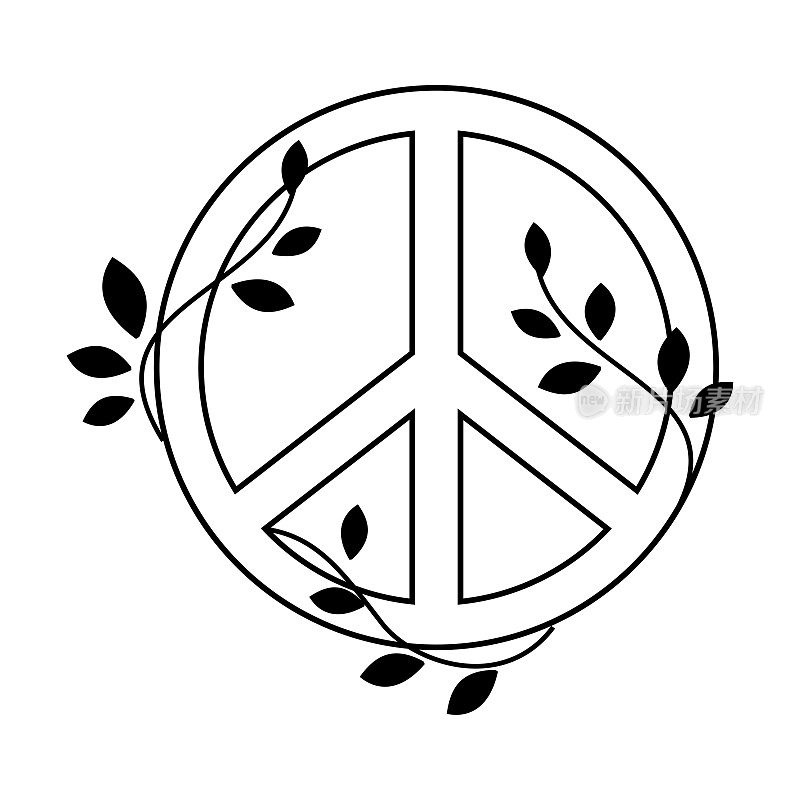 和平Sign with Twining Twigs作为友谊和和谐的象征轮廓向量插图